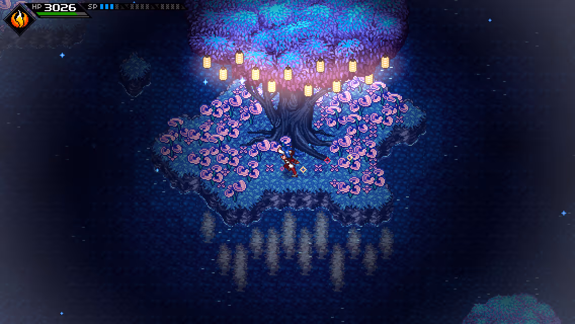 Lea running underneath a tree in Crosscode