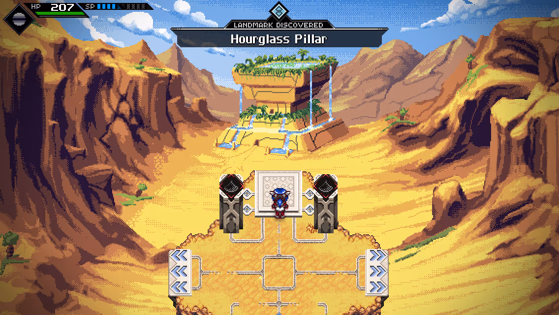 Lea looking off at at the Hourglass Pillar landmark in Crosscode